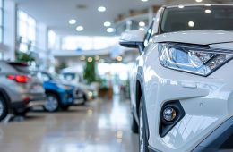 New SUV Car in Modern Dealership Showroom, Shining Headlights, Ready for a Test Drive